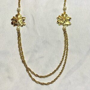 Gold Tone Leaf Faux Pearl Double Strand Necklace Layering Fall Autumn Vintage